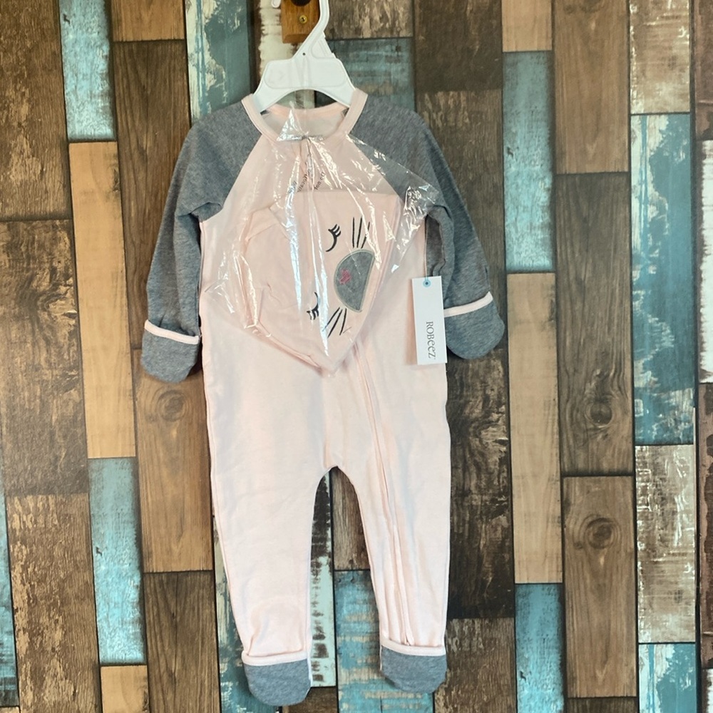 Organic cotton pink bunny onsie with rollable feet and hand